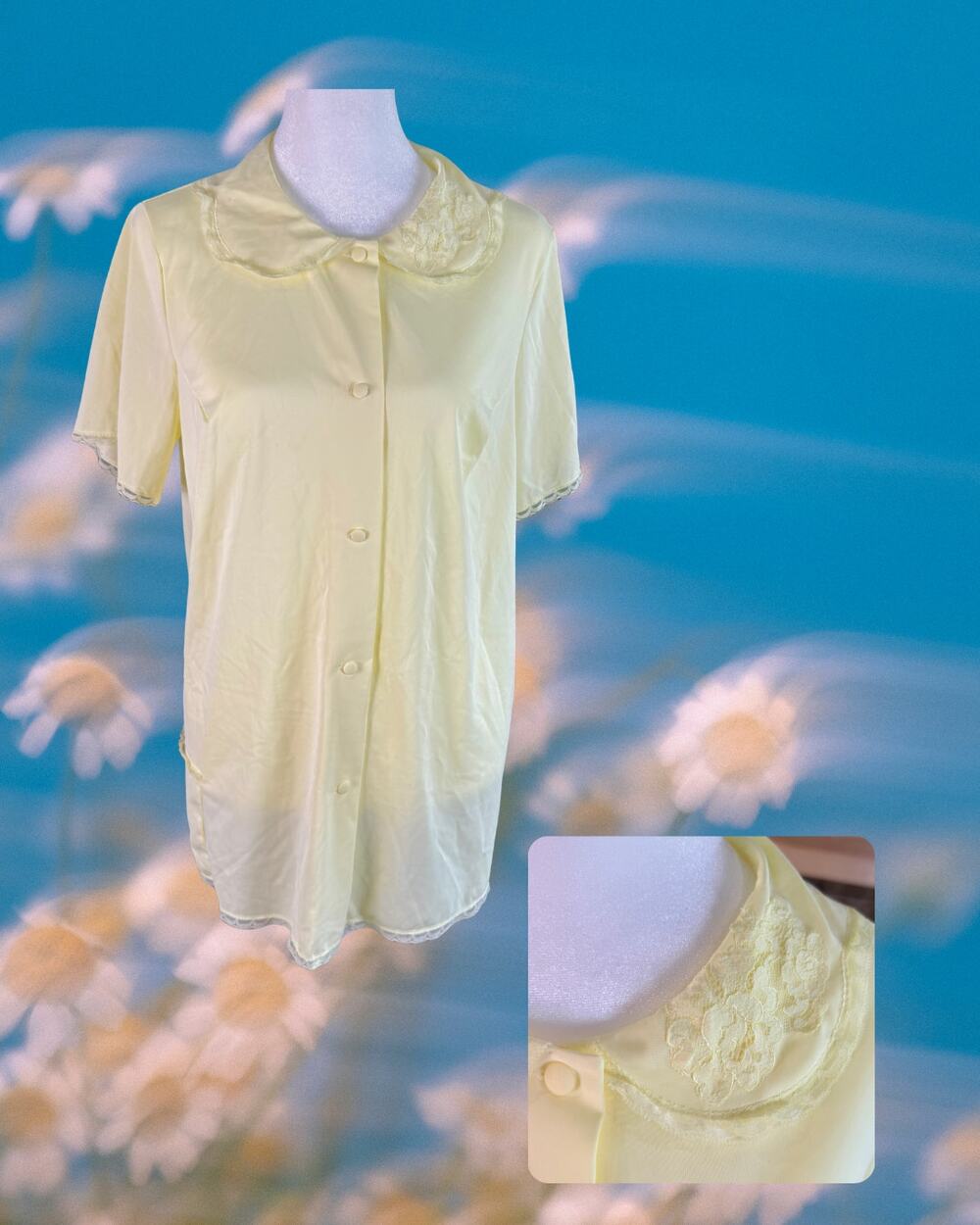 VTG 70s Shadowline Nylon Tricot Coquette Sleep Shirt Butter Yellow Lace Collar M